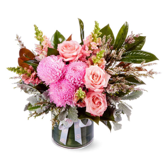 Hello Baby Vase with pink chrysanthemums roses and lush foliage for new baby flowers and same-day delivery flowers