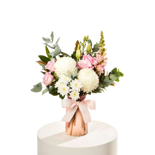 Country Lane Vase with white chrysanthemums pink roses soft pink blooms and eucalyptus foliage for birthday flowers and same-day delivery flowers