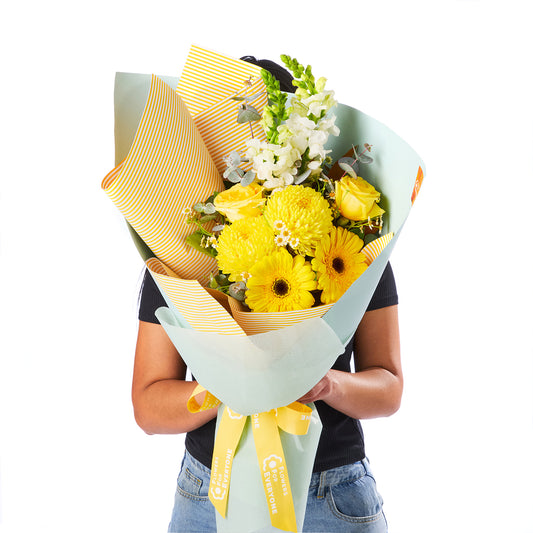 Happy Days Bouquet with bright yellow chrysanthemums gerberas roses and white blooms for birthday flowers and same day delivery flowers