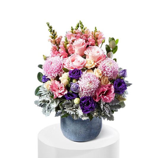 Pretty Pink & Mauve Pot with pink roses chrysanthemums purple flowers and lush greenery for birthday flowers and same-day delivery flowers