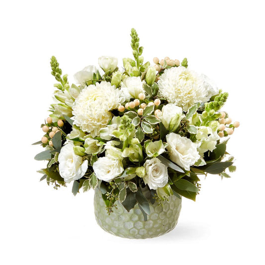 Berry White Flower Pot with white chrysanthemums roses lisianthus and greenery in a textured pot for sympathy flowers and same-day delivery flowers