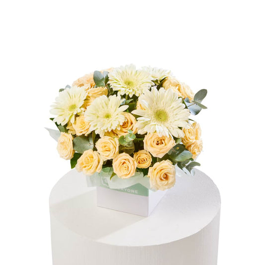 Peaches & Cream Flower Box with peach roses cream gerberas and eucalyptus for birthday flowers get well flowers and same-day delivery flowers